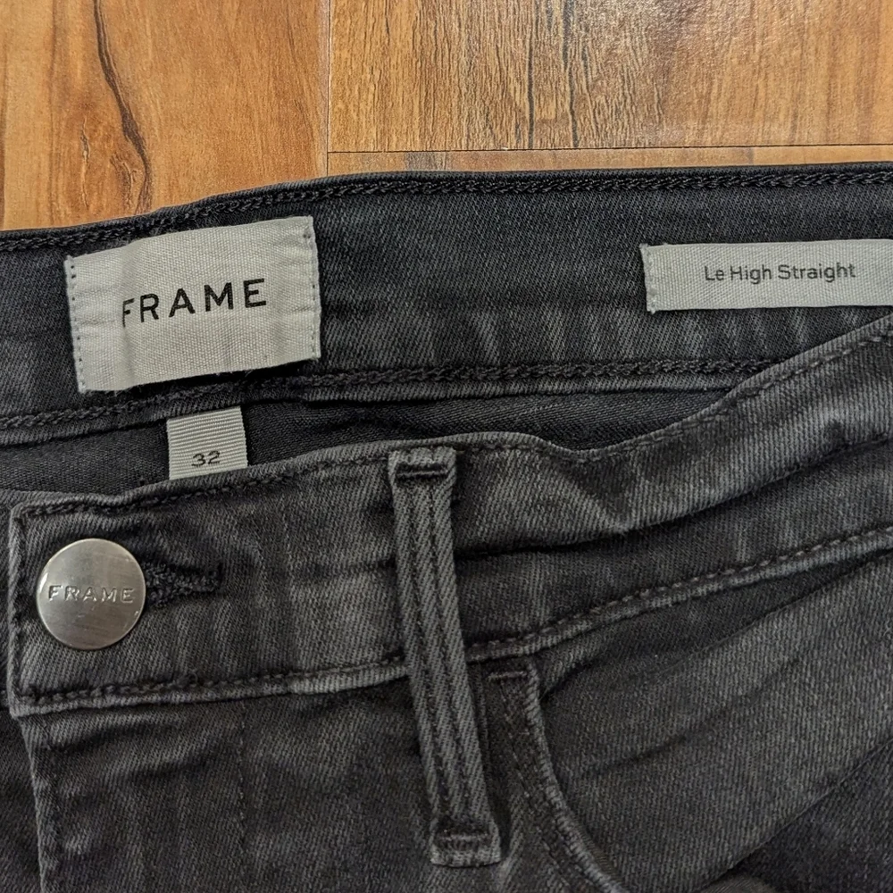 Frame Le High Straight‎ Leg Jeans Women's 32 Black Distressed Knee Denim Pant